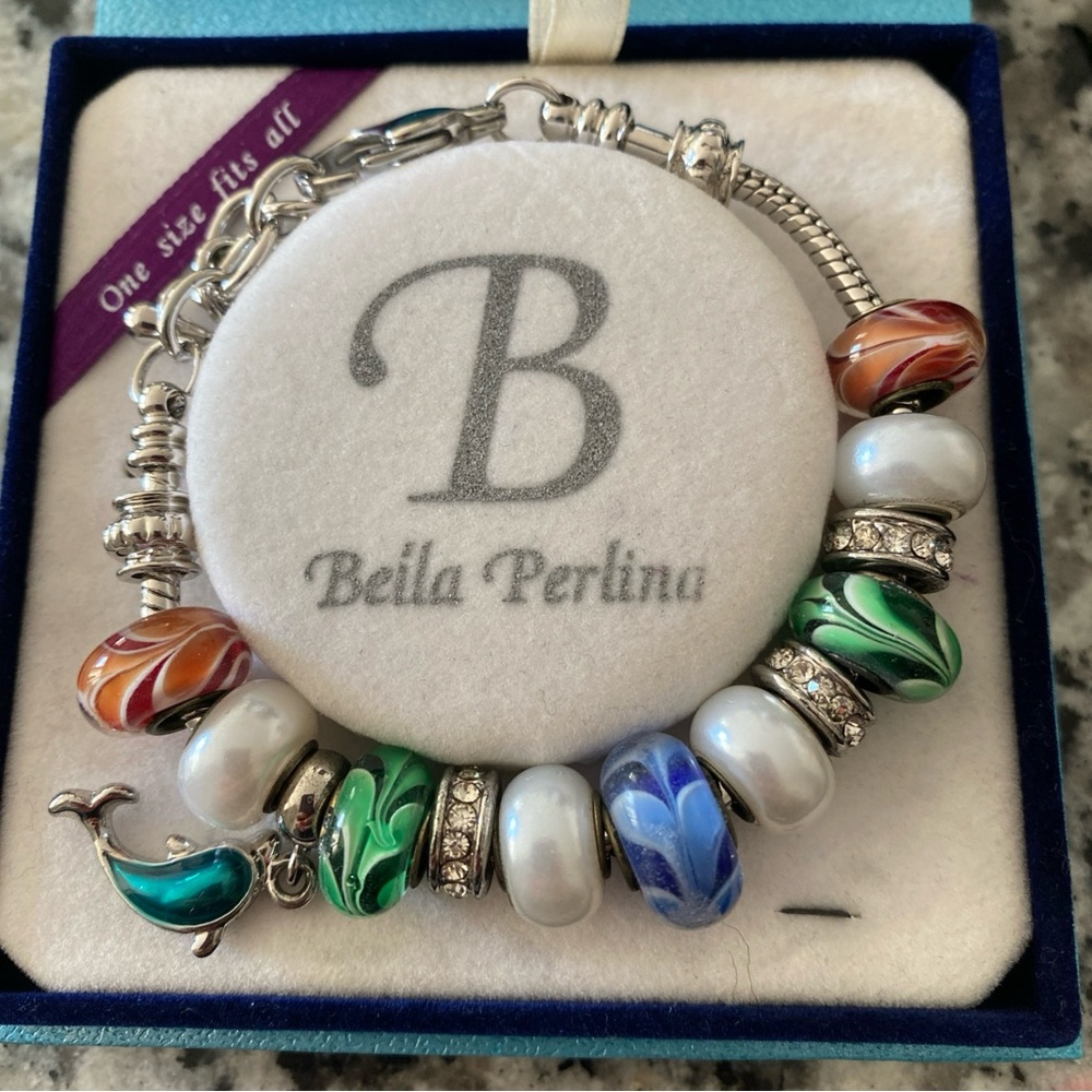 Bella Perlina Glass and Charm Bracelet with Box Blue Brown Silver Dolphin 🐬